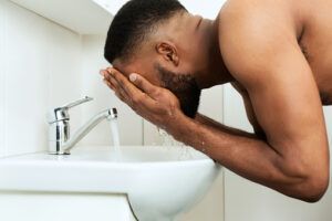 Man washing his face.